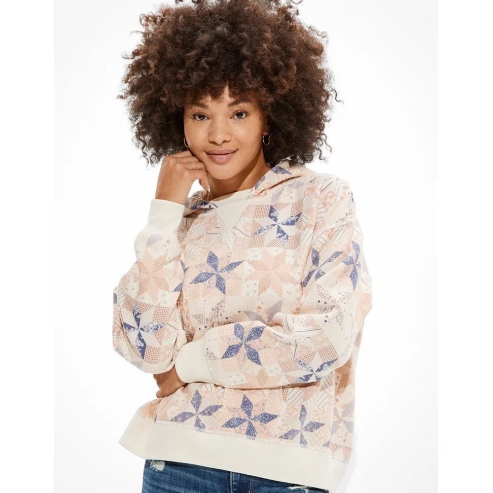 American Eagle Super Soft Fleece Oversized Hoodie‎ Womens XS White Quilt Print